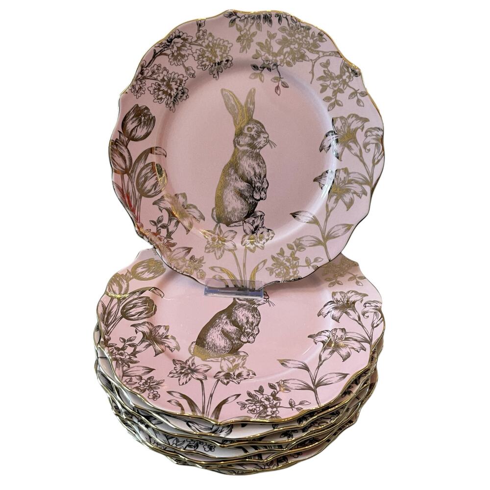 222 Fifth Pink Gold Bunny Hill Rabbit Porcelain Dinner Plates Easter Set of 8